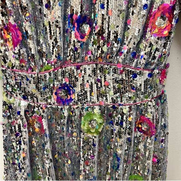 CeliaB Wonderer Silver Sequins Floral Statement Puff Sleeves Mini Dress NEW XXS - Picture 6 of 14